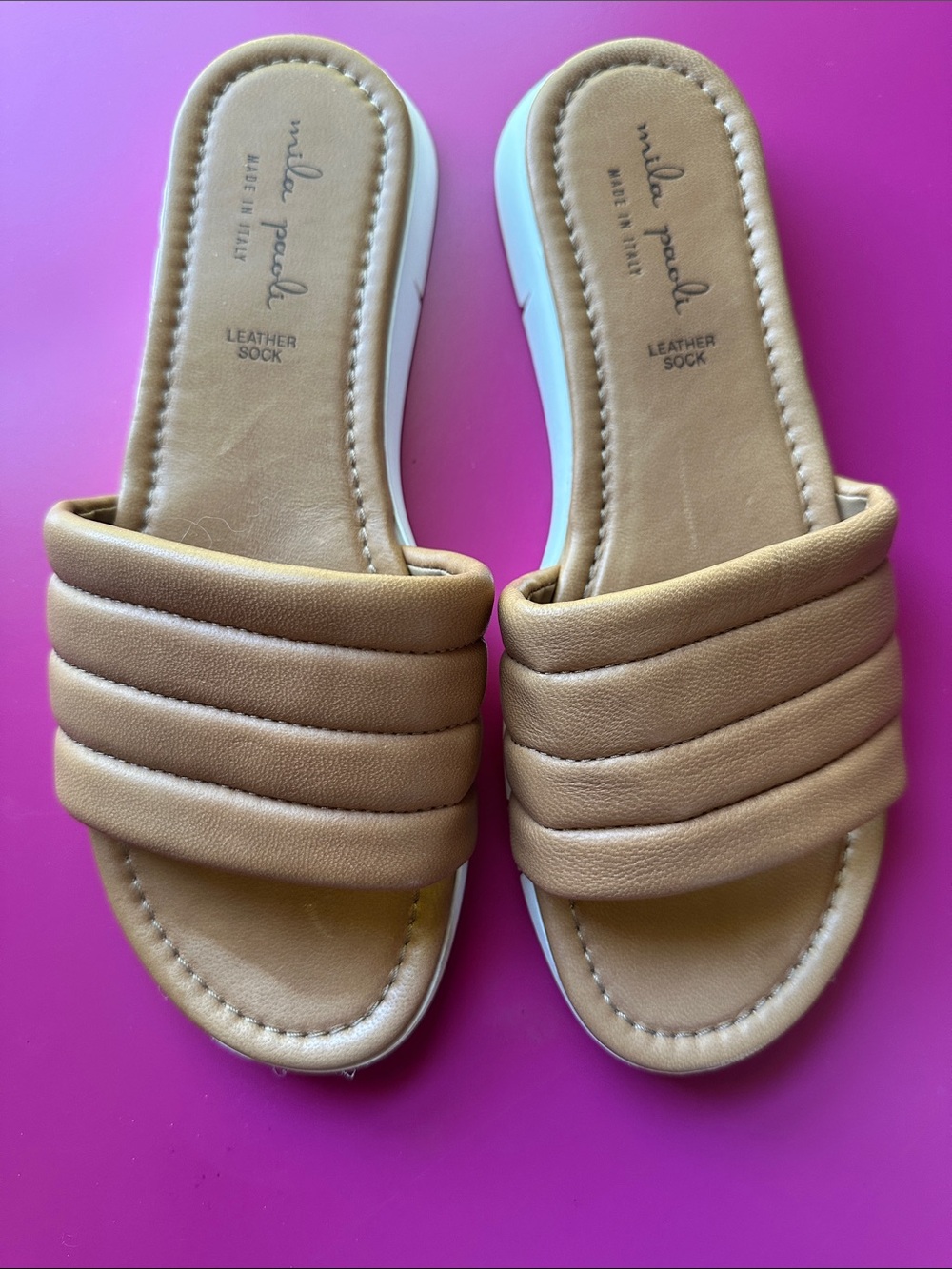Mila Paoli Cognac Padded Leather Slide Sandals